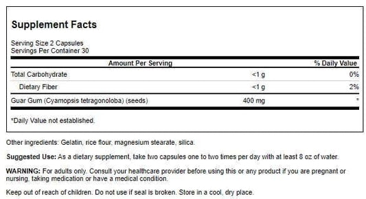 Swanson Full Spectrum Guar Gum bottle label close-up emphasizing ingredients and quality focus.