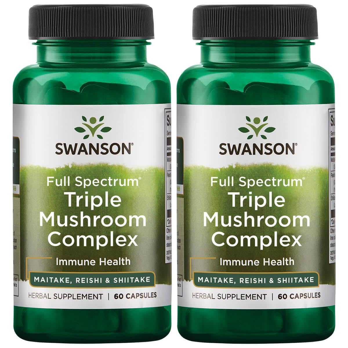Swanson Full Spectrum Triple Mushroom Complex bottle pour, capsules ready for daily immune and energy support