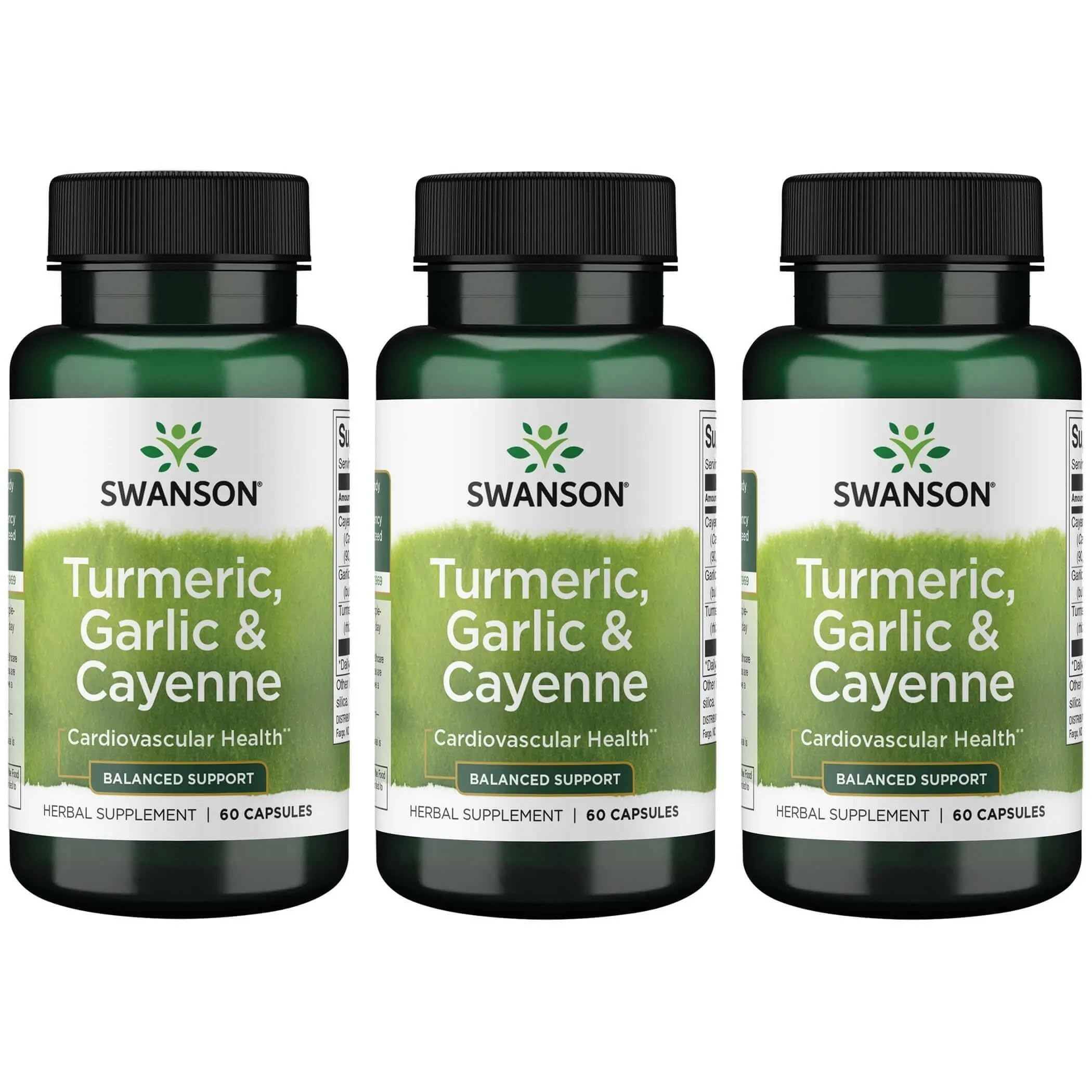 Swanson full-spectrum turmeric garlic cayenne bottle showing convenient capsules
