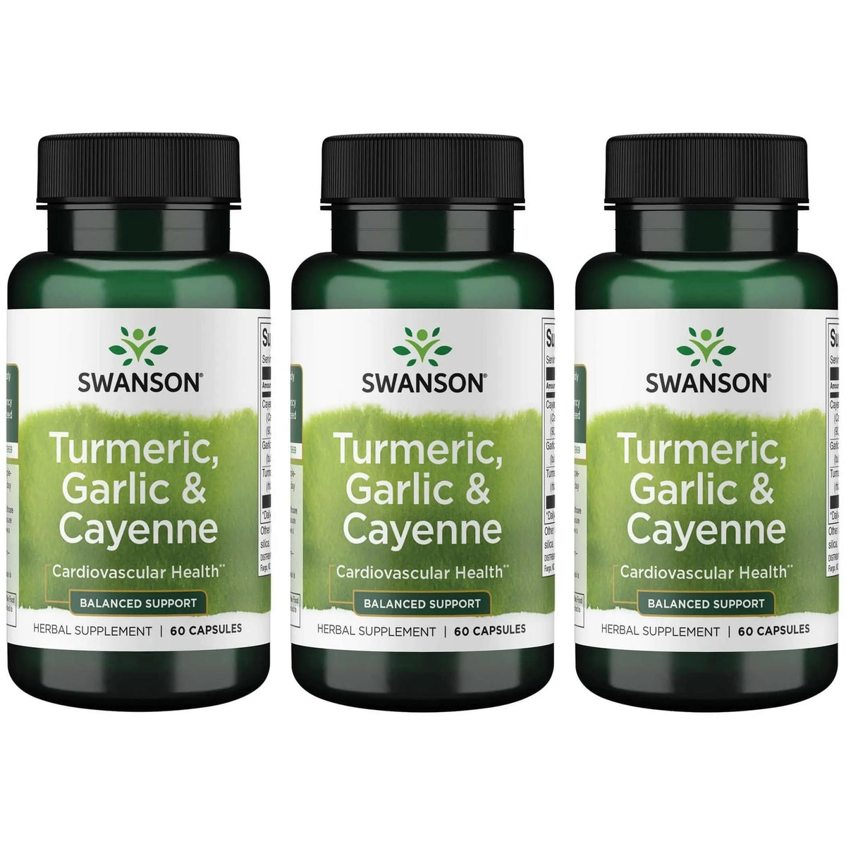 Swanson full-spectrum turmeric garlic cayenne bottle showing convenient capsules