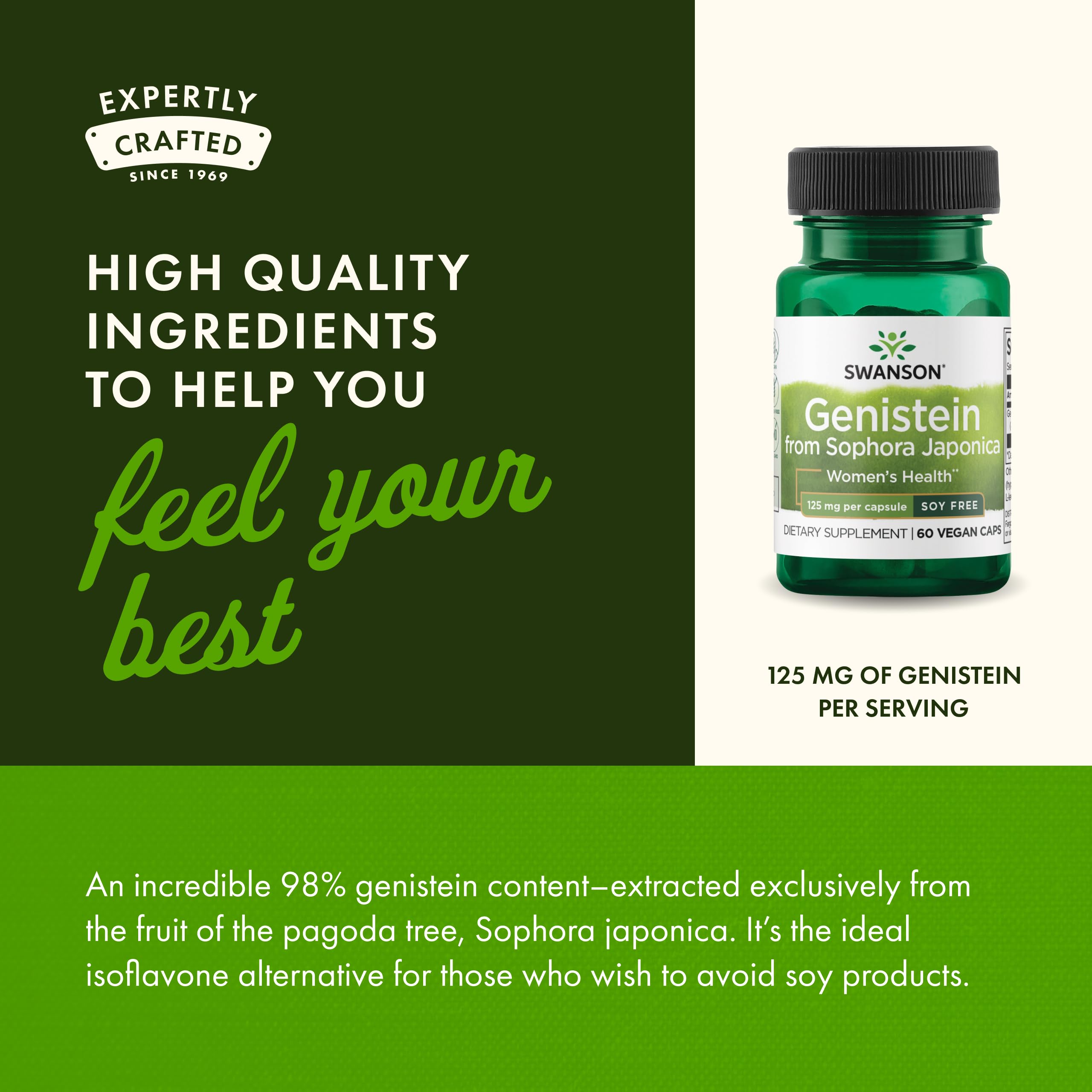 Swanson Genistein bottle on shelf signals trusted quality and reliable manufacturing.