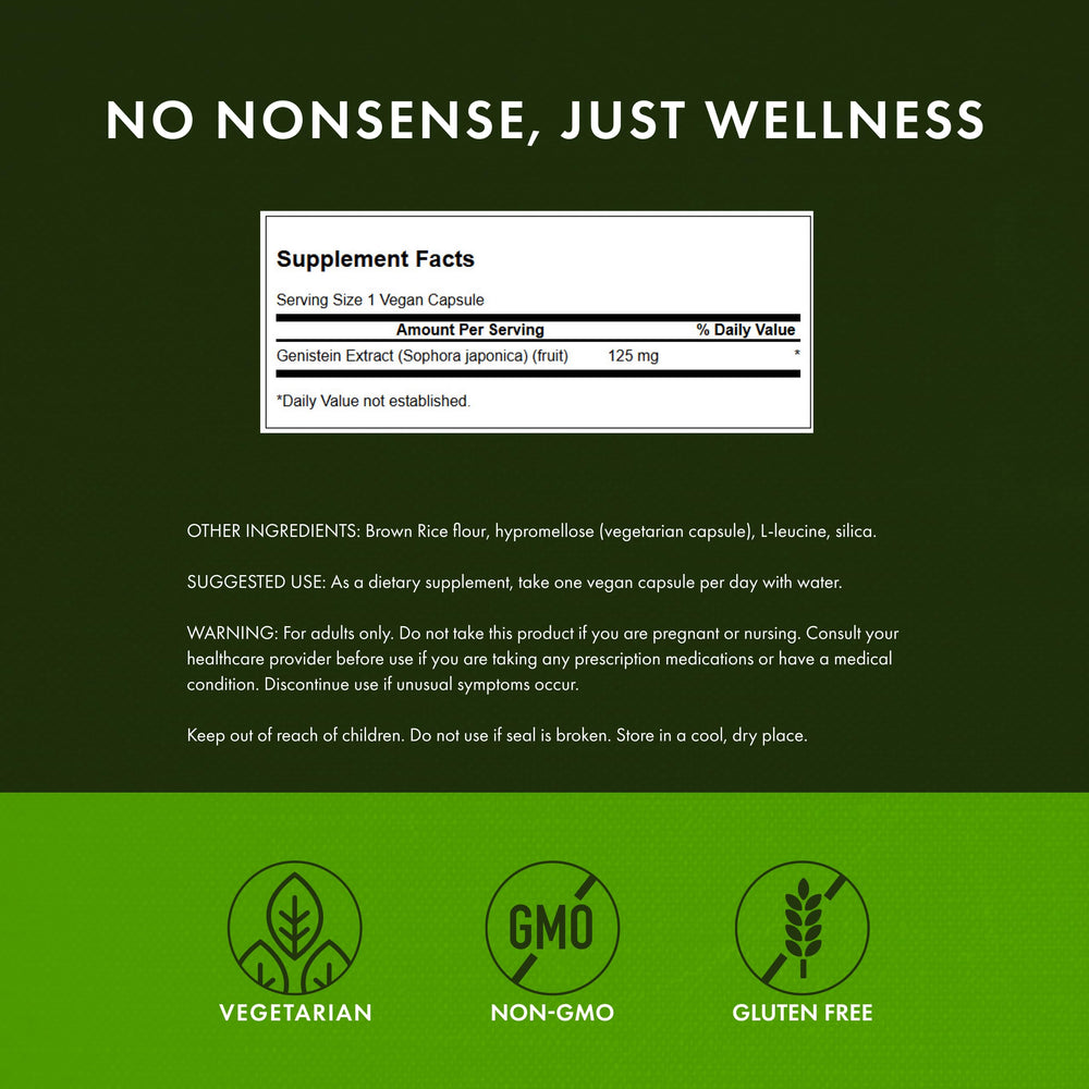 Swanson Genistein label emphasizes soy-free, plant-based formulation.