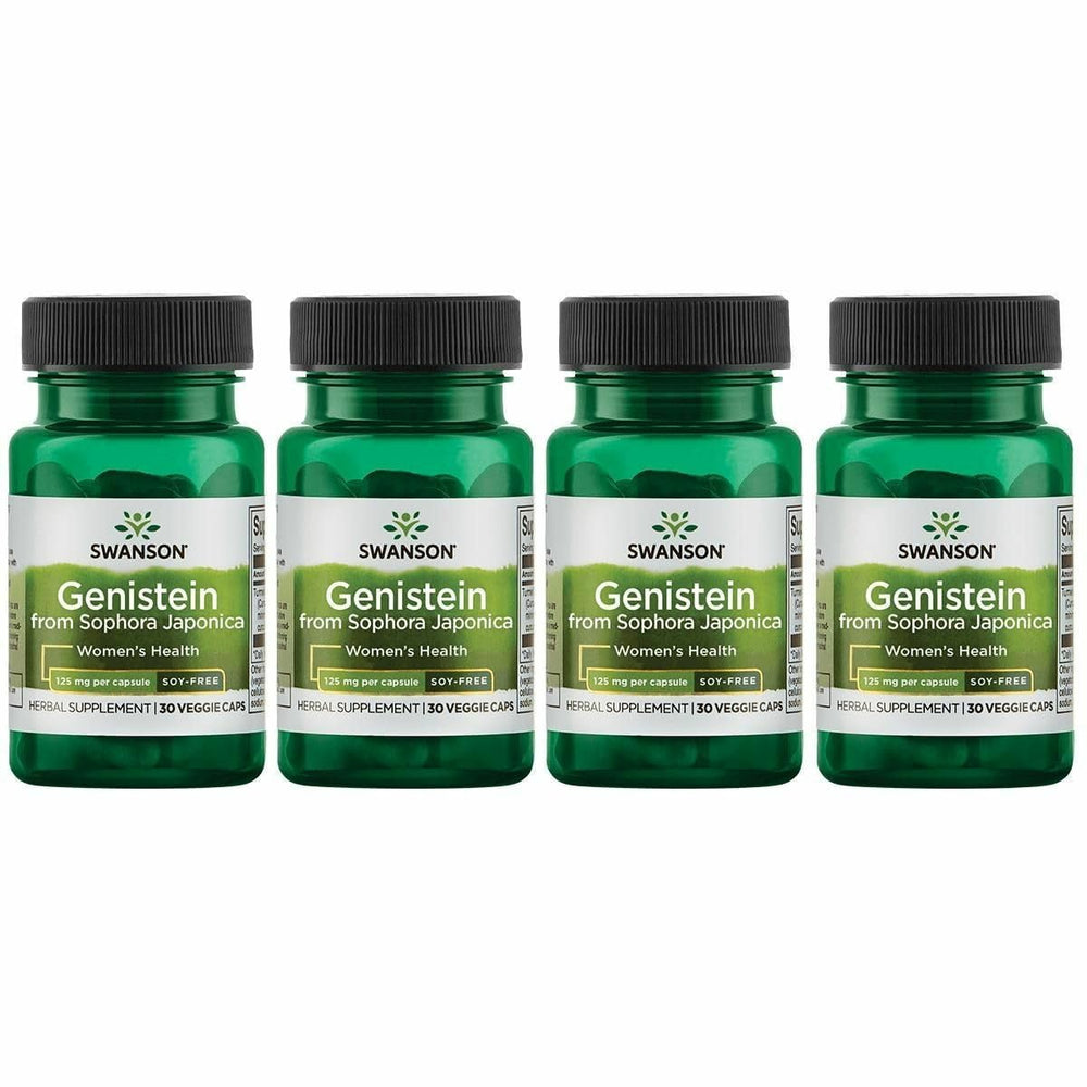 Swanson Genistein bottle close-up highlighting plant based soy-free formula for women's health