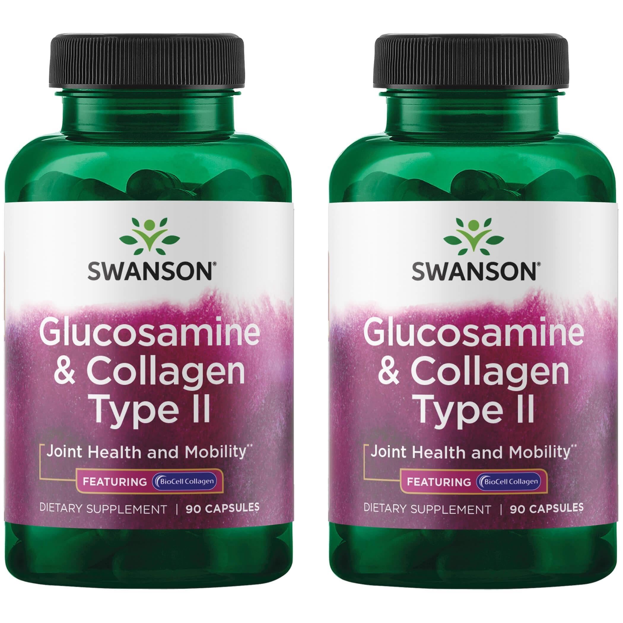 Swanson Glucosamine & Collagen Type II bottle with two-pack supports joint health and skin elasticity.