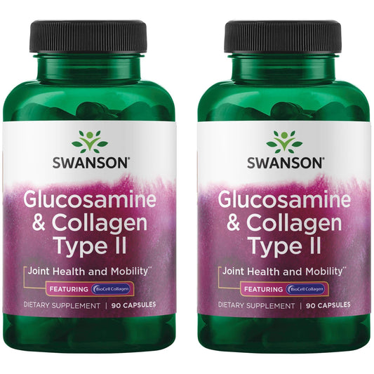 Swanson Glucosamine & Collagen Type II bottle with two-pack supports joint health and skin elasticity.
