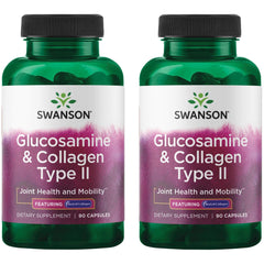 Swanson Glucosamine & Collagen Type II bottle with two-pack supports joint health and skin elasticity.