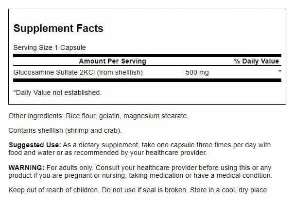 Swanson Glucosamine Sulfate bottle back label showing ingredients and dosage