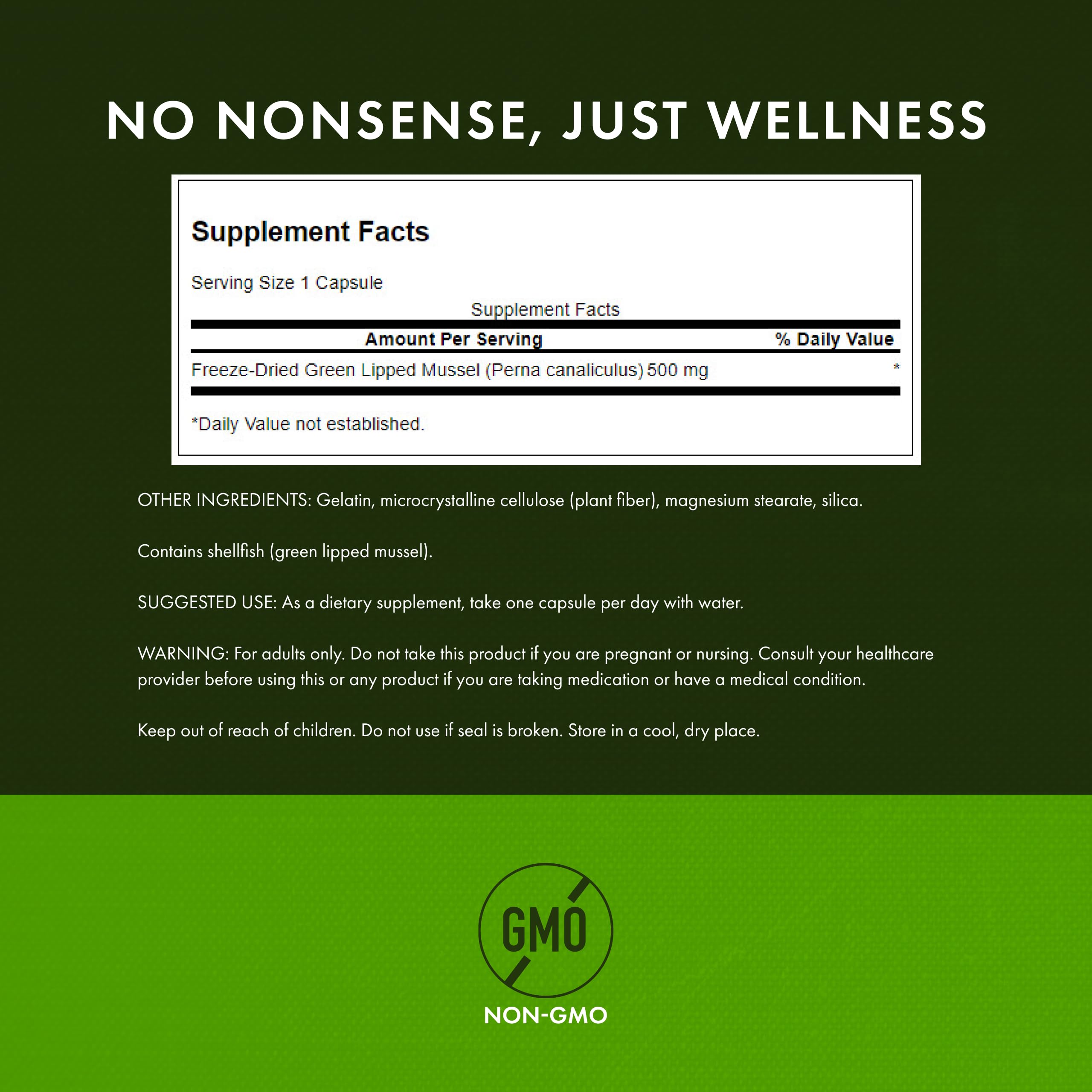Swanson Green Lipped Mussel label detail indicating tested quality.