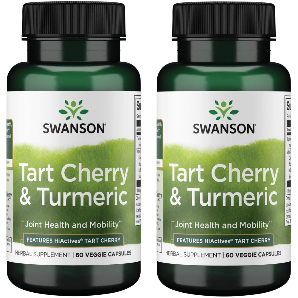 Swanson Hiactives Tart Cherry & Turmeric capsules bottle supporting joint comfort and antioxidant wellness.