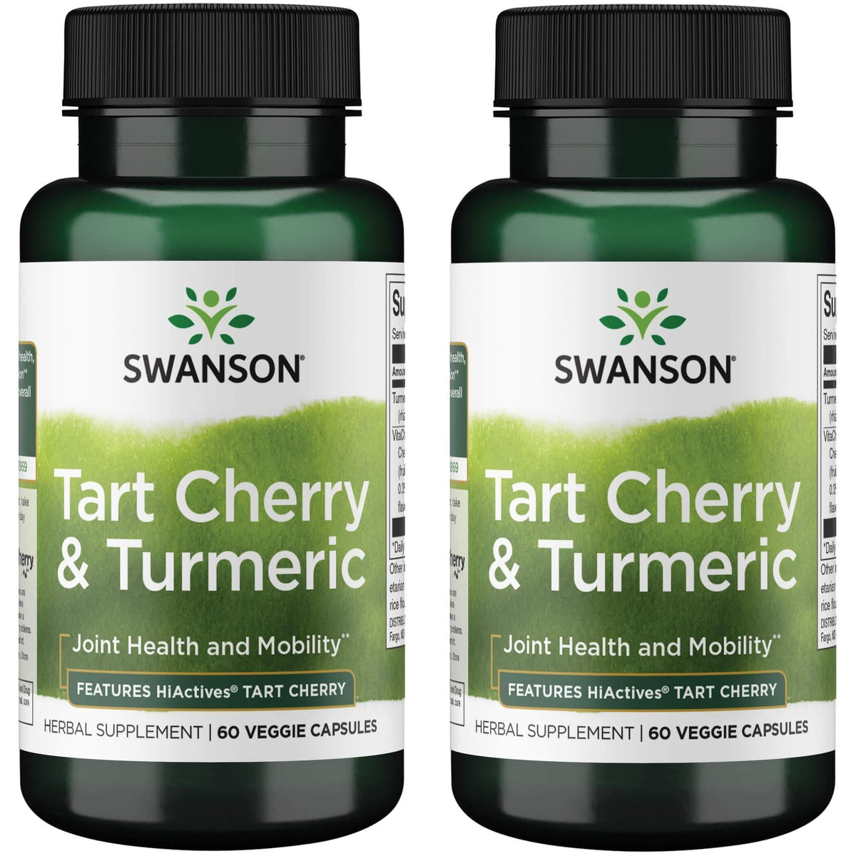 Swanson Hiactives Tart Cherry & Turmeric capsules bottle supporting joint comfort and antioxidant wellness.