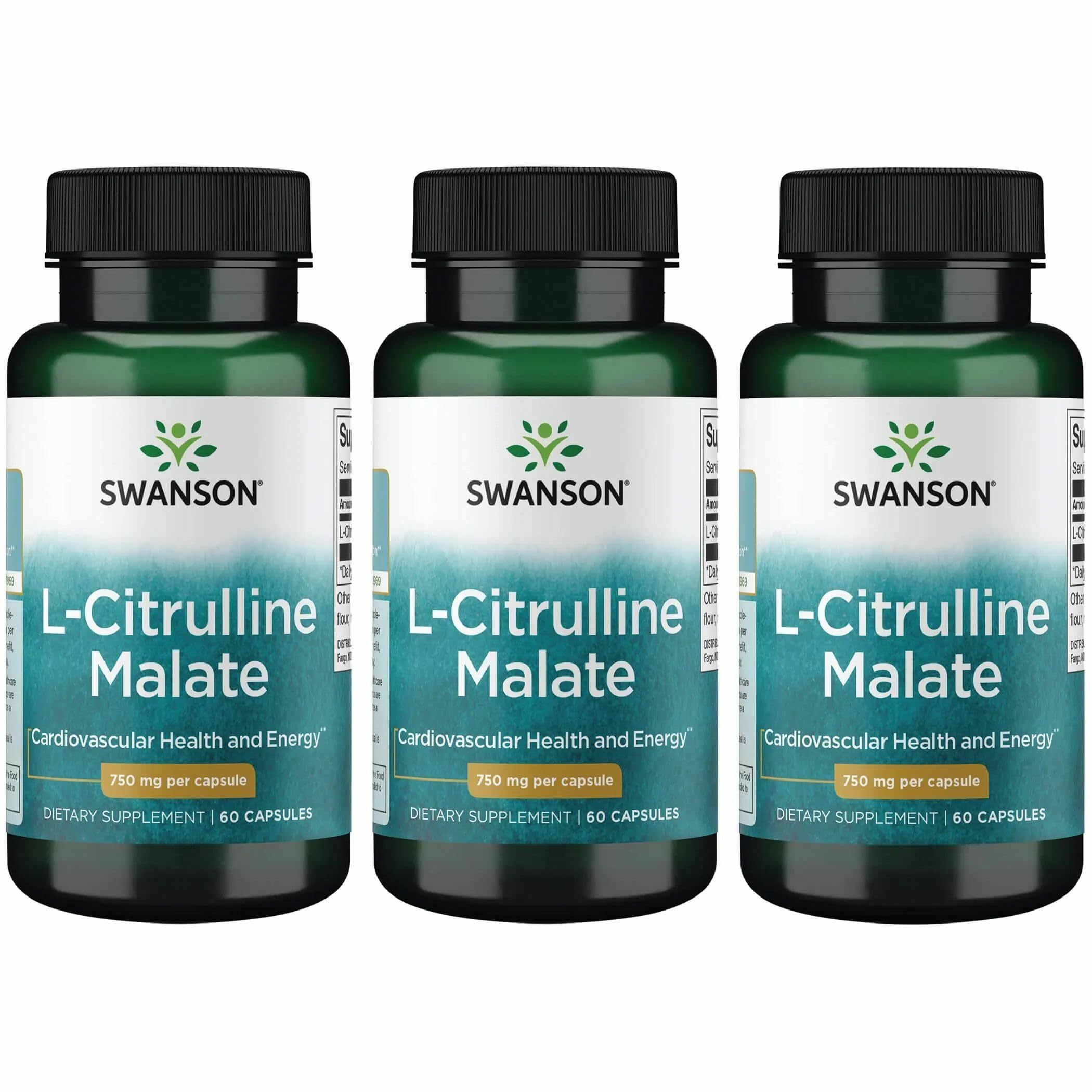 Swanson L-Citrulline Malate 750mg capsules bottle supports steady energy.