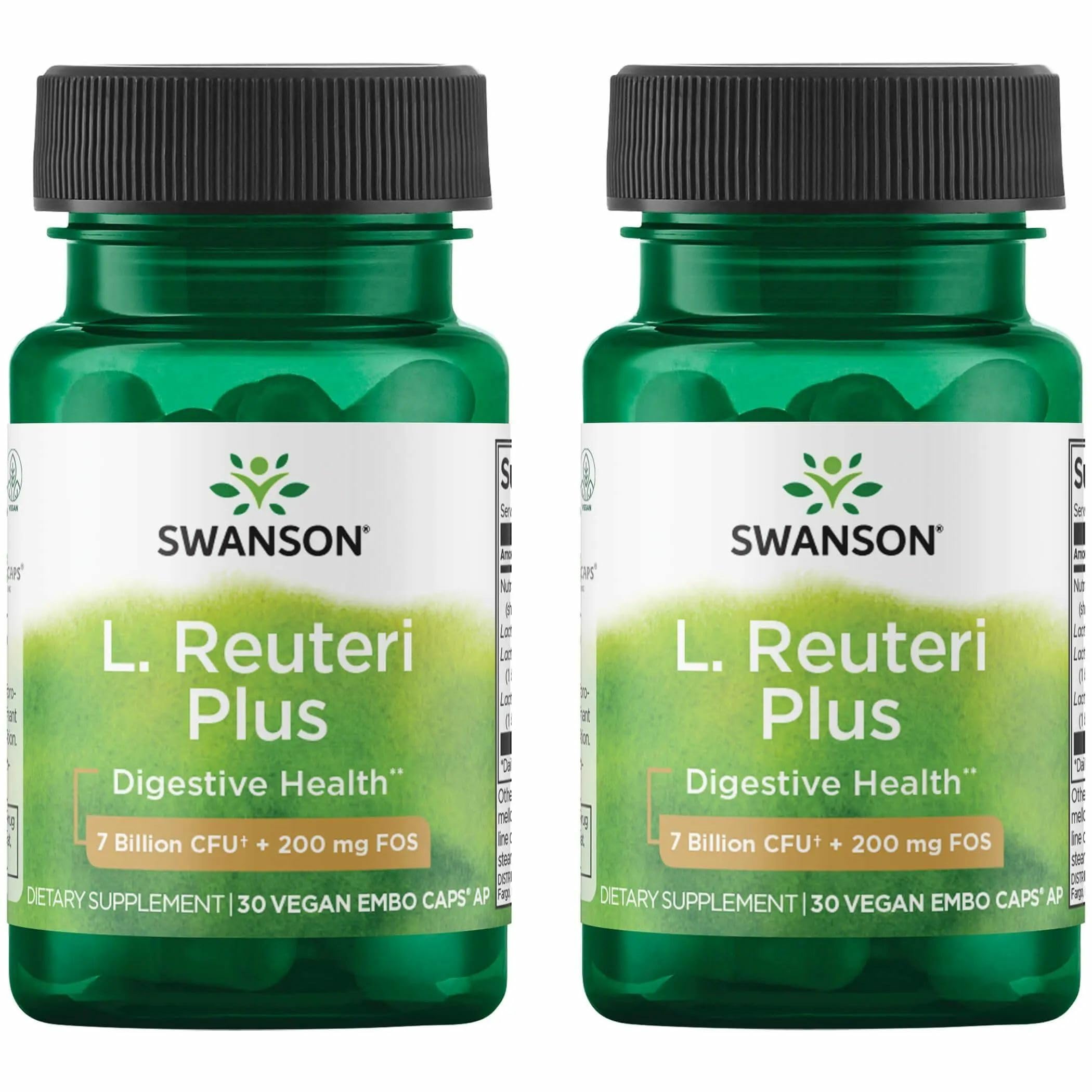 Swanson L. Reuteri Probiotic Plus bottle on kitchen counter for digestive support.