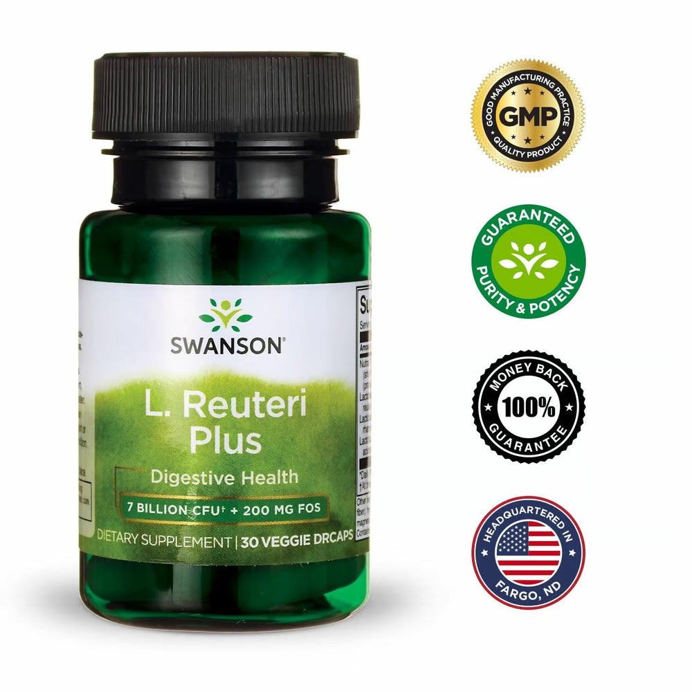 Swanson L. Reuteri Probiotic Plus GMP-quality seal on packaging