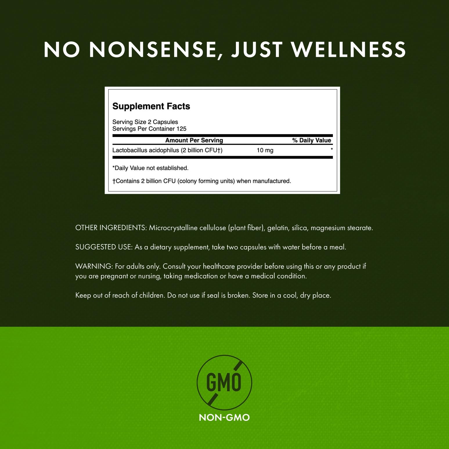 Swanson Lactobacillus Acidophilus bottle with non-GMO label.