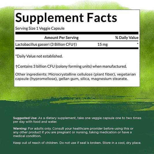 Swanson Lactobacillus Gasseri bottle back, ingredients and dosage details.