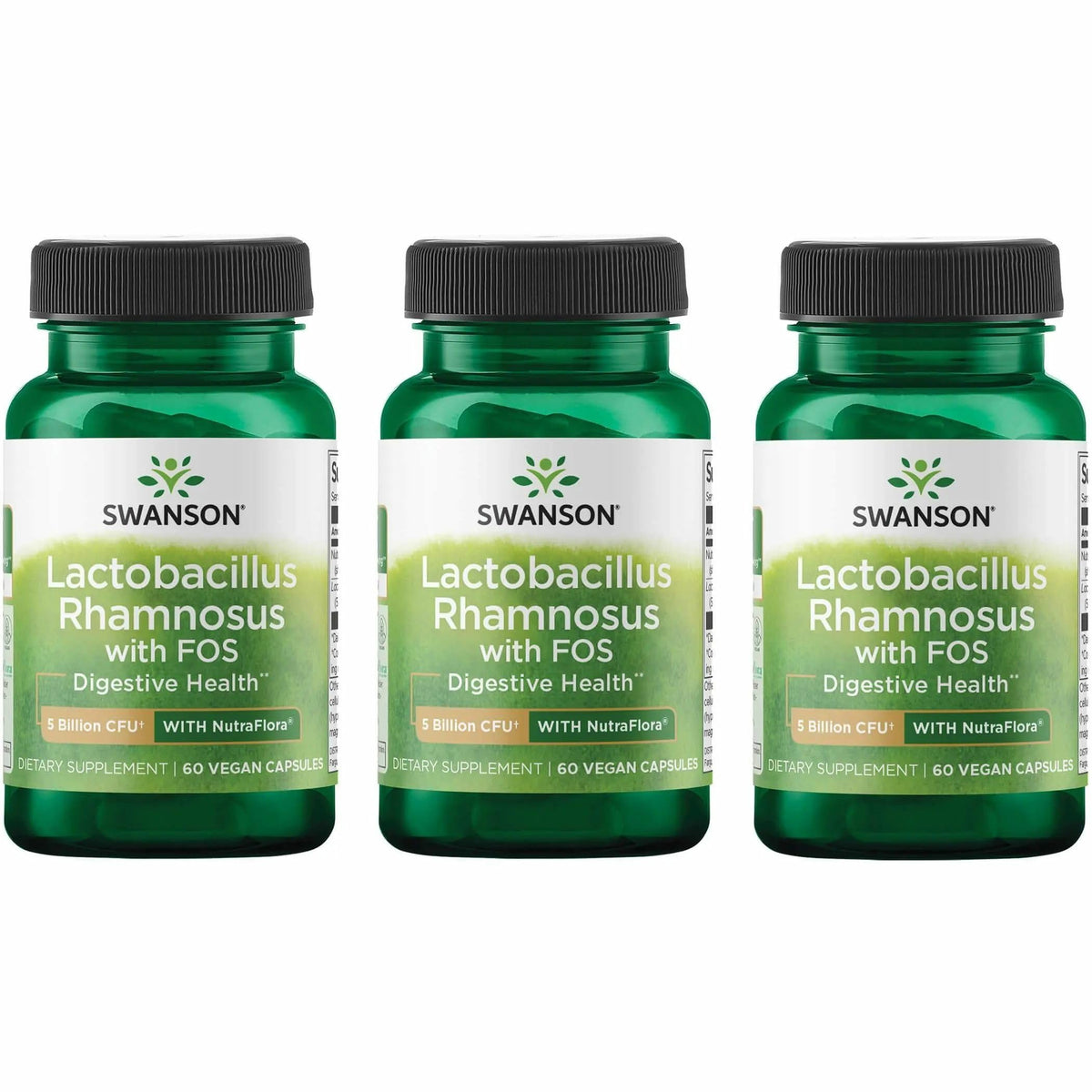 Swanson Lactobacillus Rhamnosus with FOS bottle view highlighting probiotic support for gut balance on the go