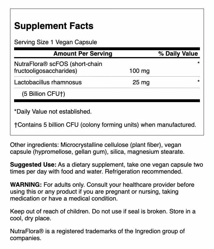 Swanson Lactobacillus Rhamnosus with FOS capsules close-up for reliable GI tract delivery