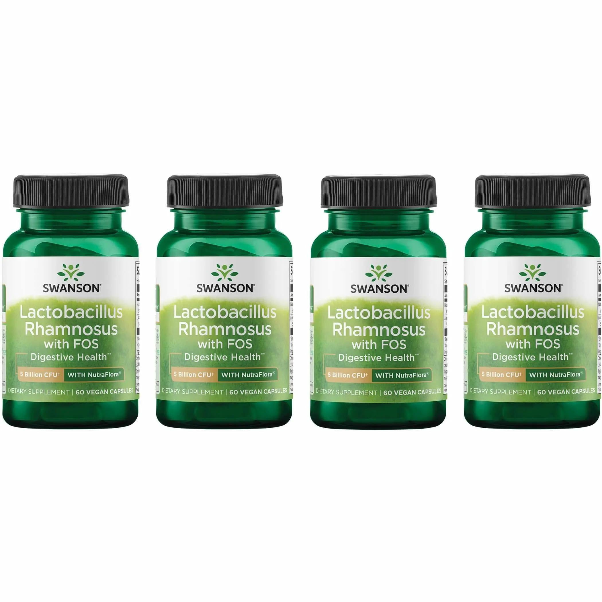 Swanson Lactobacillus Rhamnosus with FOS bottle shows daily digestive support in a vegan capsule.