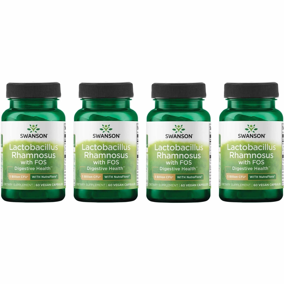 Swanson Lactobacillus Rhamnosus with FOS bottle shows daily digestive support in a vegan capsule.