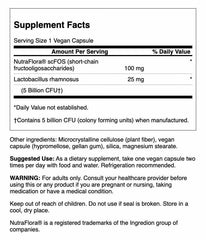 Swanson Lactobacillus Rhamnosus with FOS capsules closeup emphasizes acid-resistant vegan capsules for reliable GI delivery.