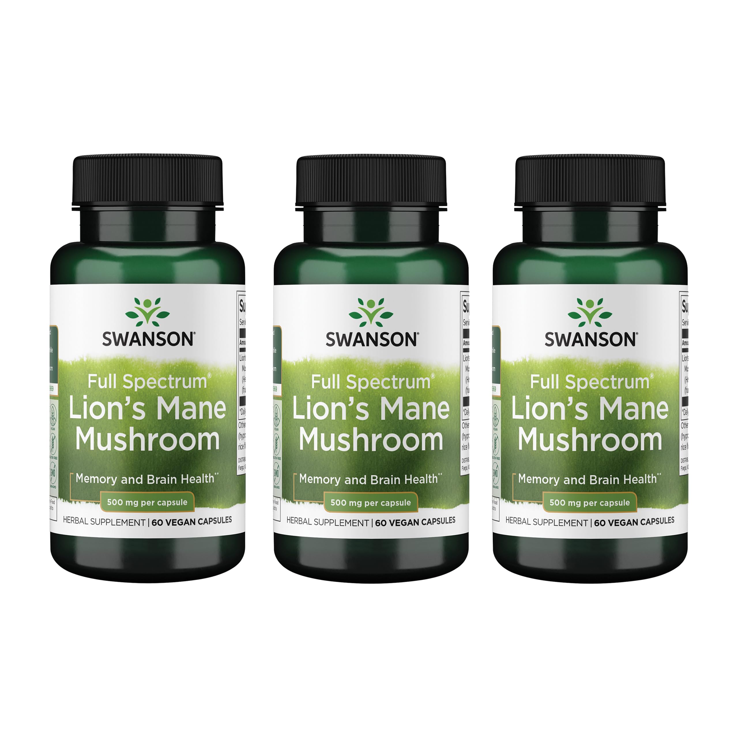 Swanson Lion's Mane capsules in a 3-pack suggesting daily focus support