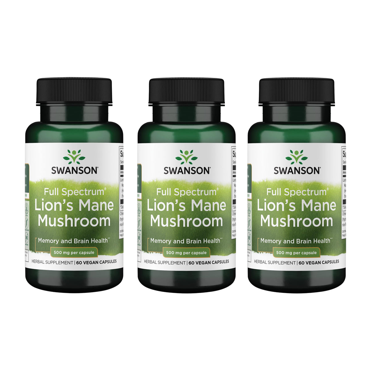 Swanson Lion's Mane capsules in a 3-pack suggesting daily focus support