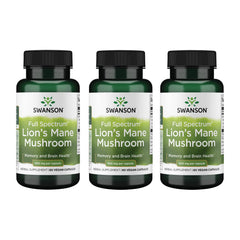 Swanson Lion's Mane capsules in a 3-pack suggesting daily focus support