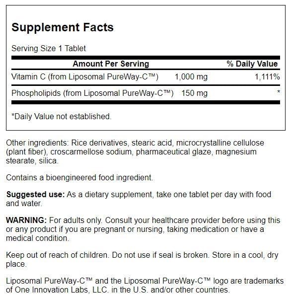 Swanson Liposomal Vitamin C label highlighting vegan, gluten-free formula for everyday resilience.