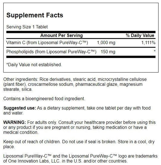 Swanson Liposomal Vitamin C label highlighting vegan, gluten-free formula for everyday resilience.