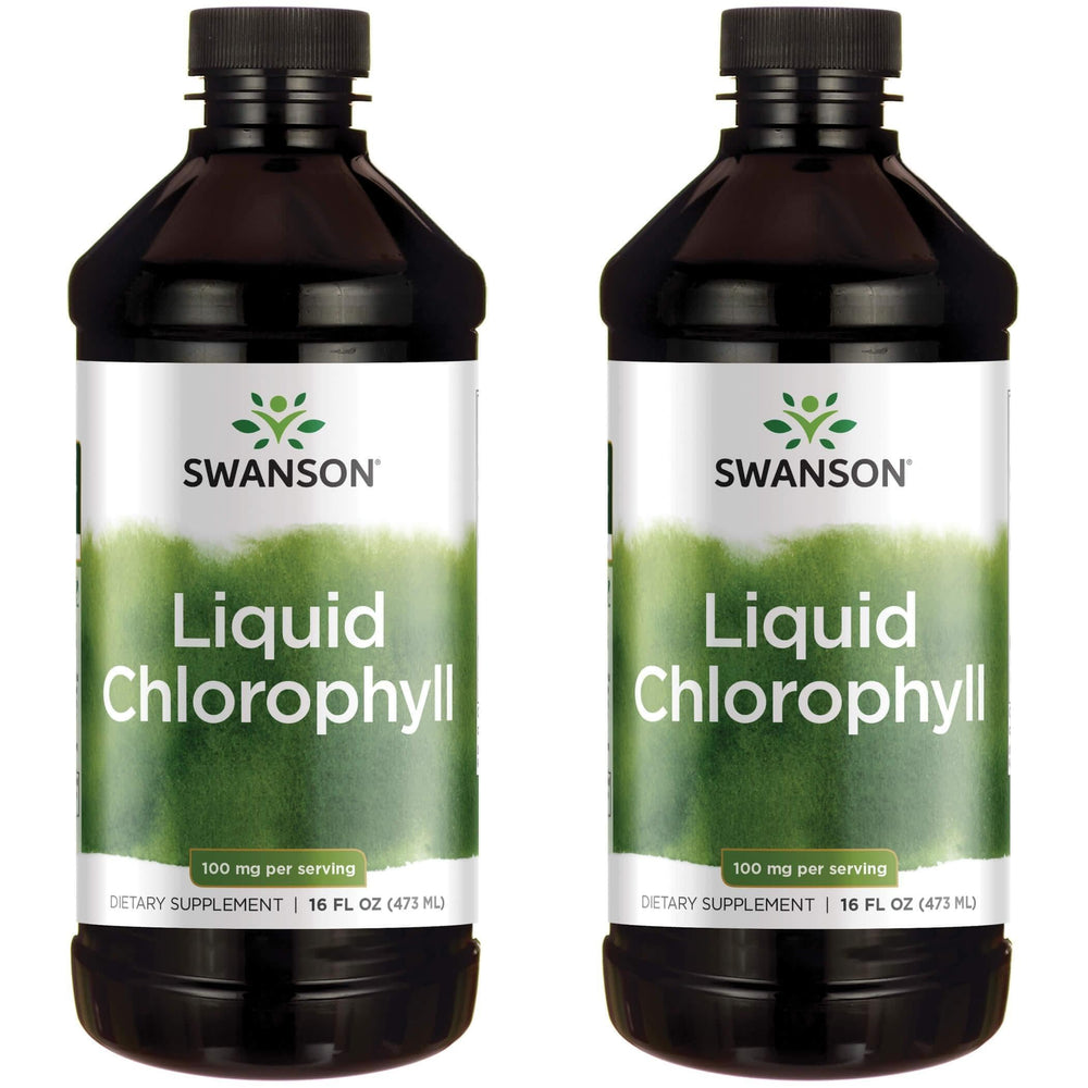 Swanson Liquid Chlorophyll bottle pour showing a daily dose for natural energy support.