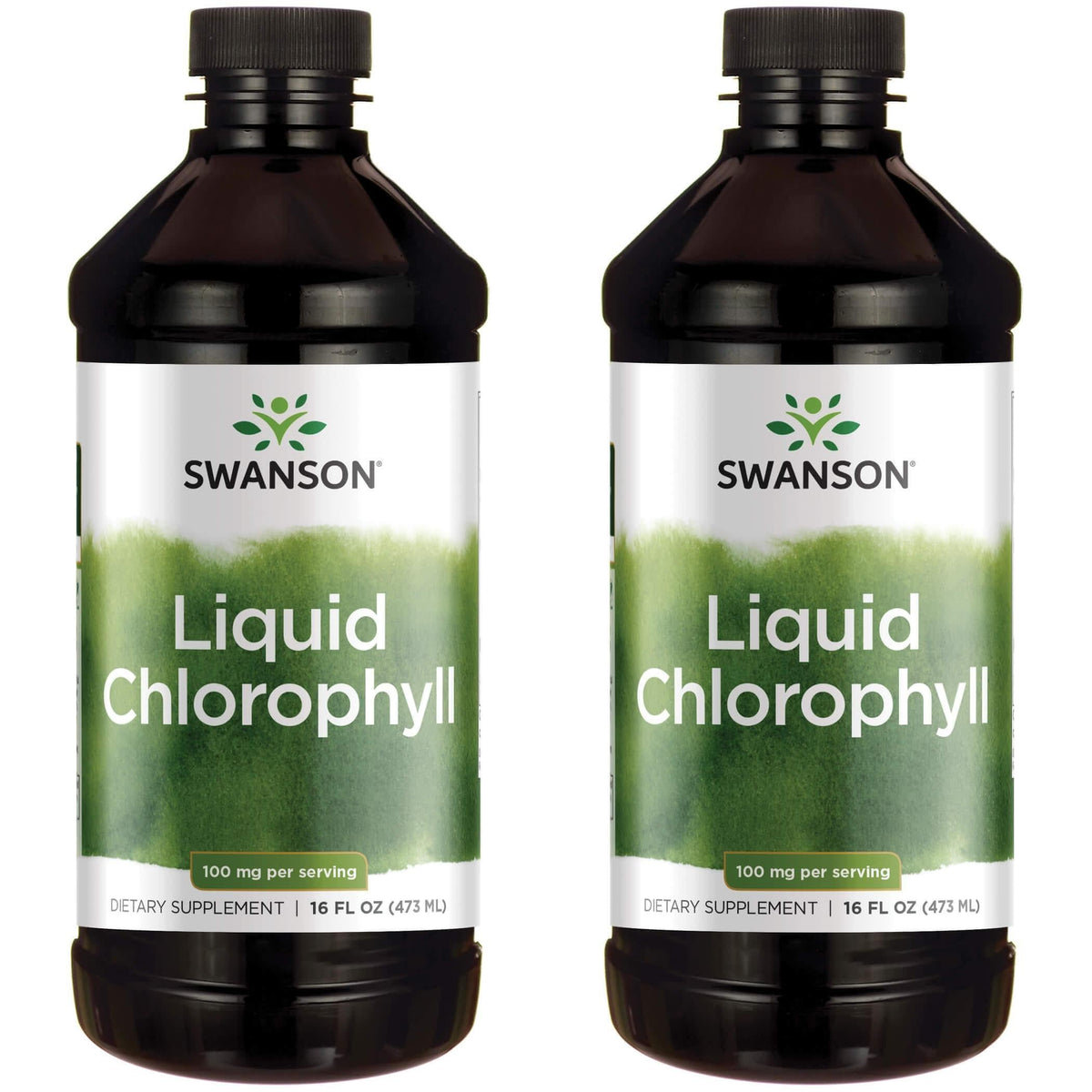Swanson Liquid Chlorophyll bottle pour showing a daily dose for natural energy support.