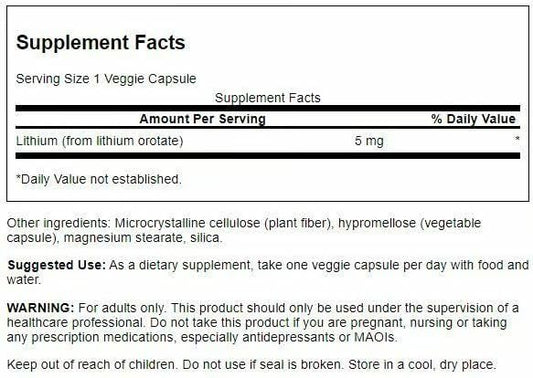 Swanson Lithium Orotate capsules close-up for daily wellness support.
