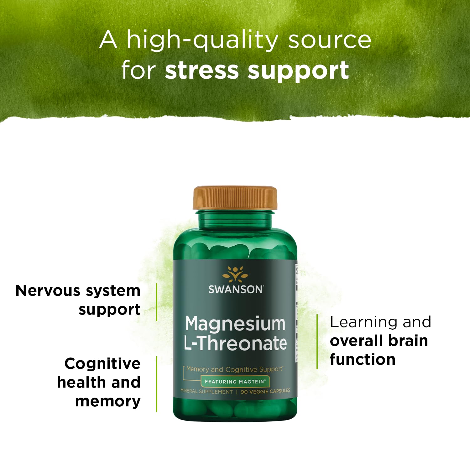 Swanson Magnesium L-Threonate bottle on shelf in wellness setting