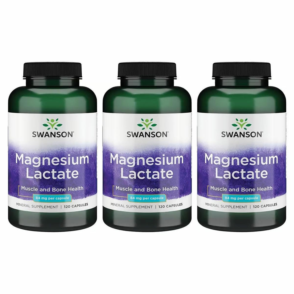 Swanson Magnesium Lactate bottle shows 84 mg elemental magnesium per capsule for daily mineral support.