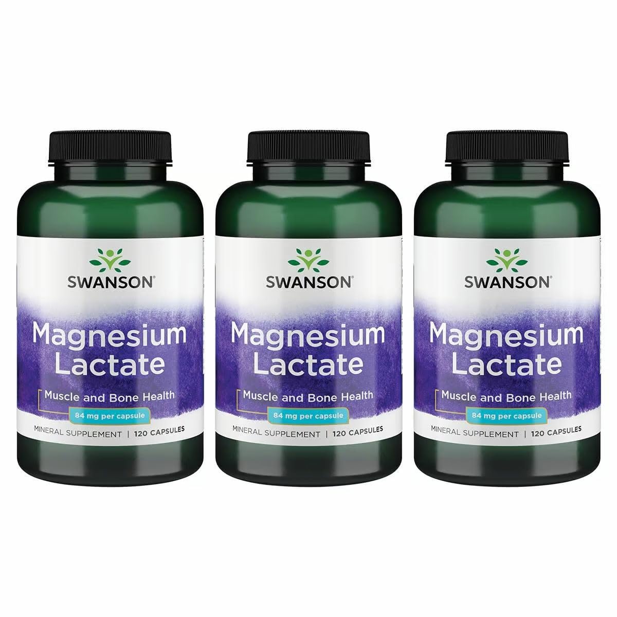Swanson Magnesium Lactate bottle shows 84 mg elemental magnesium per capsule for daily mineral support.