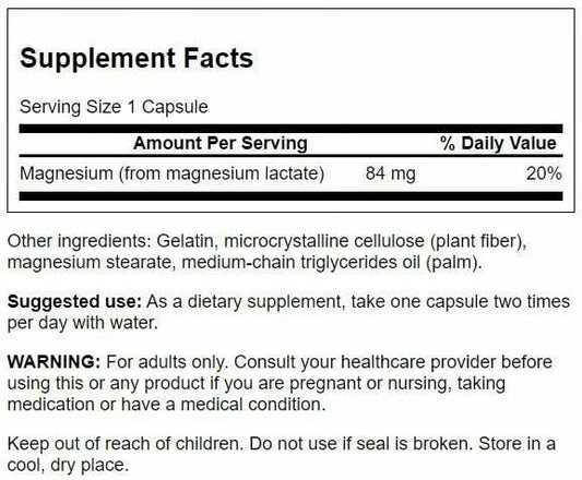 Swanson Magnesium Lactate bottle back shows dosage and gluten-free, non-GMO features