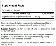 Swanson Magnesium Lactate bottle back shows dosage and gluten-free, non-GMO features