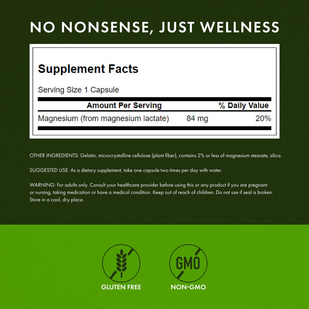 Swanson Magnesium Lactate capsules closeup highlights gentle absorption benefits