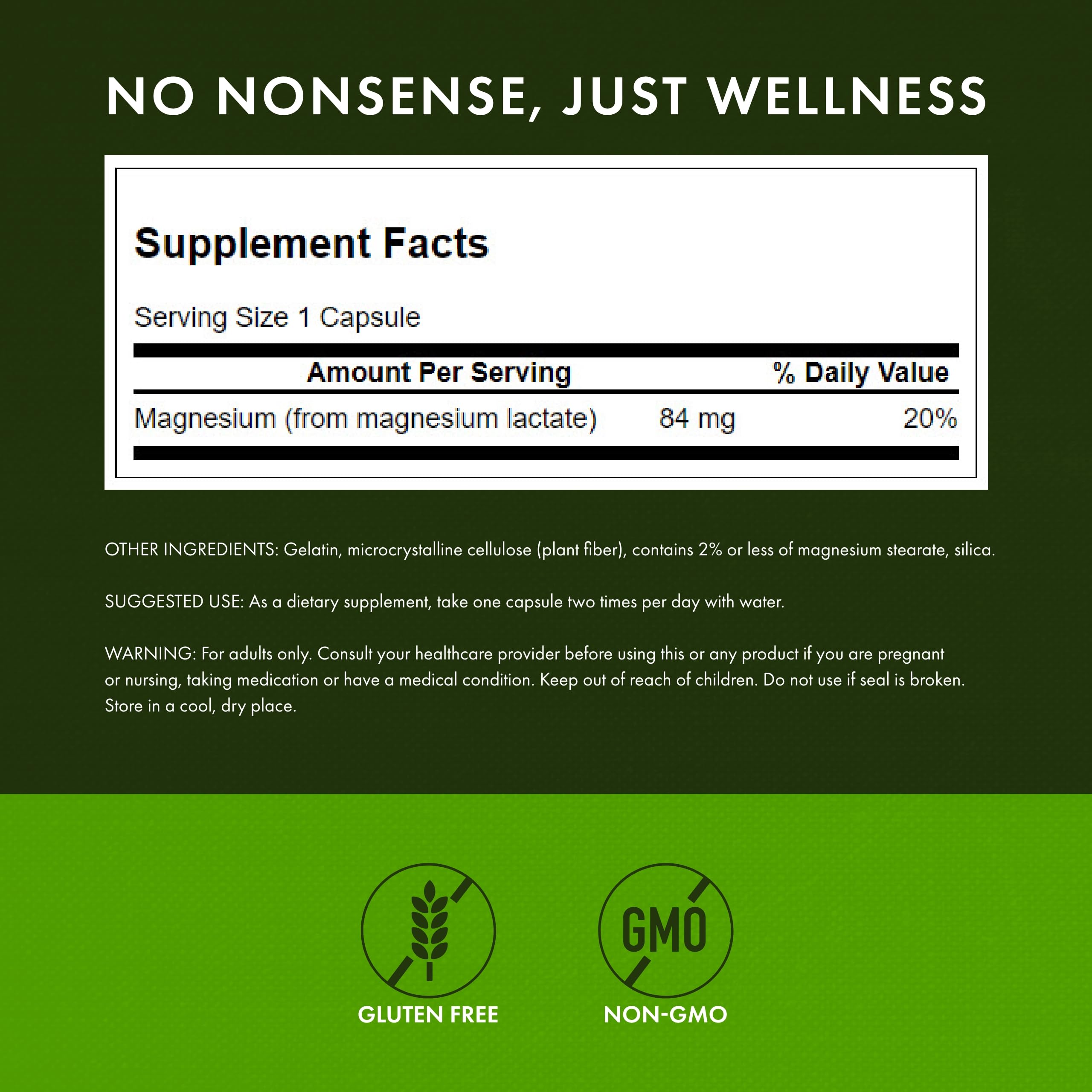 Close-up of Swanson label, gluten-free and non-GMO magnesium supplement.