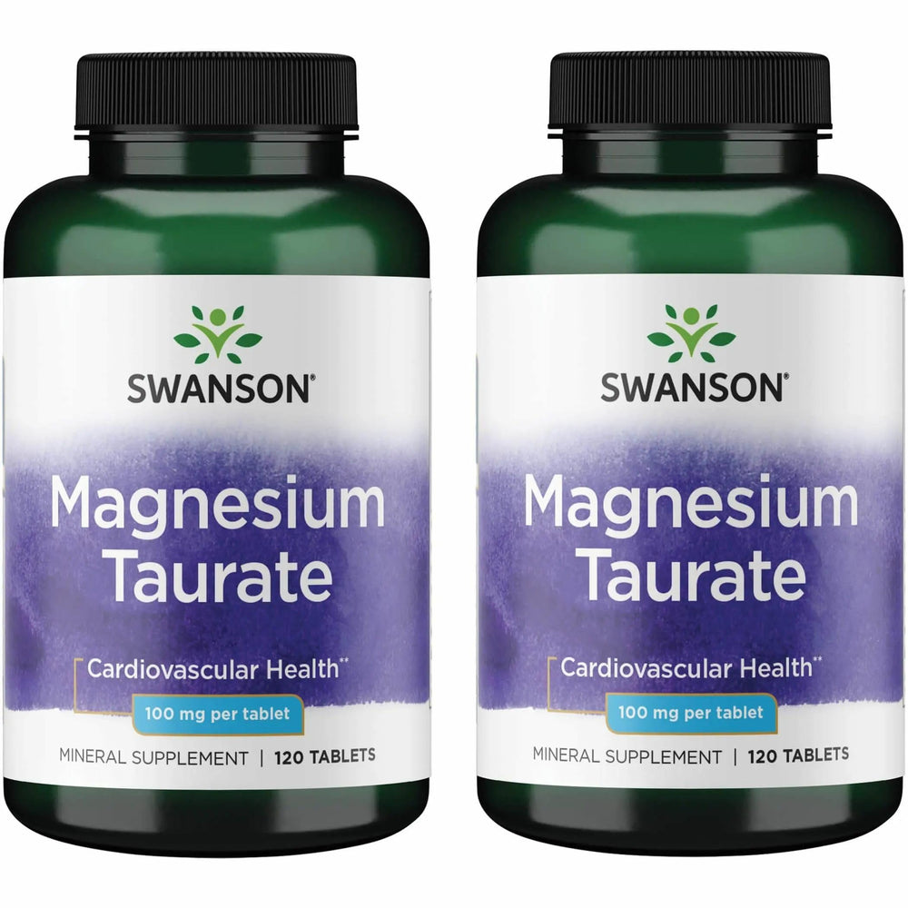 Swanson Magnesium Taurate bottle with label; promotes natural muscle and bone support.