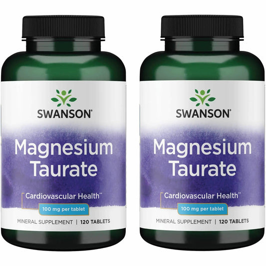 Swanson Magnesium Taurate bottle with label; promotes natural muscle and bone support.