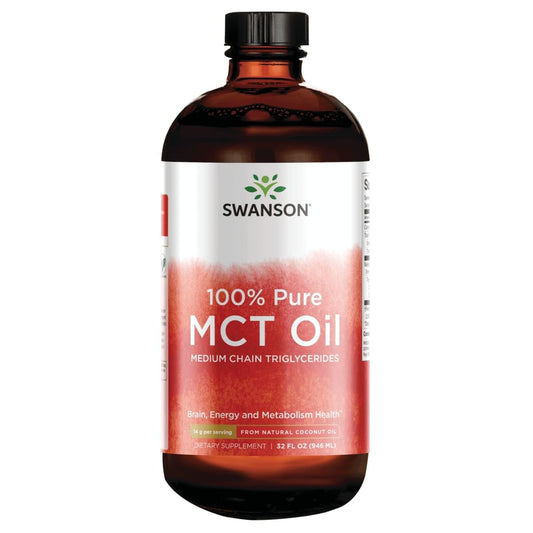 Swanson MCT Oil bottle front view highlighting purity and versatility.