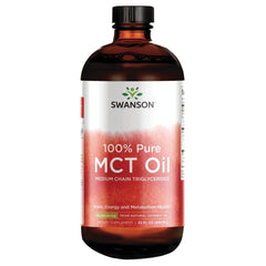 Swanson MCT Oil bottle front view highlighting purity and versatility.