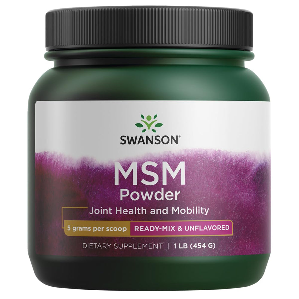 Swanson MSM powder bottle shows the product label for joint connective tissue support