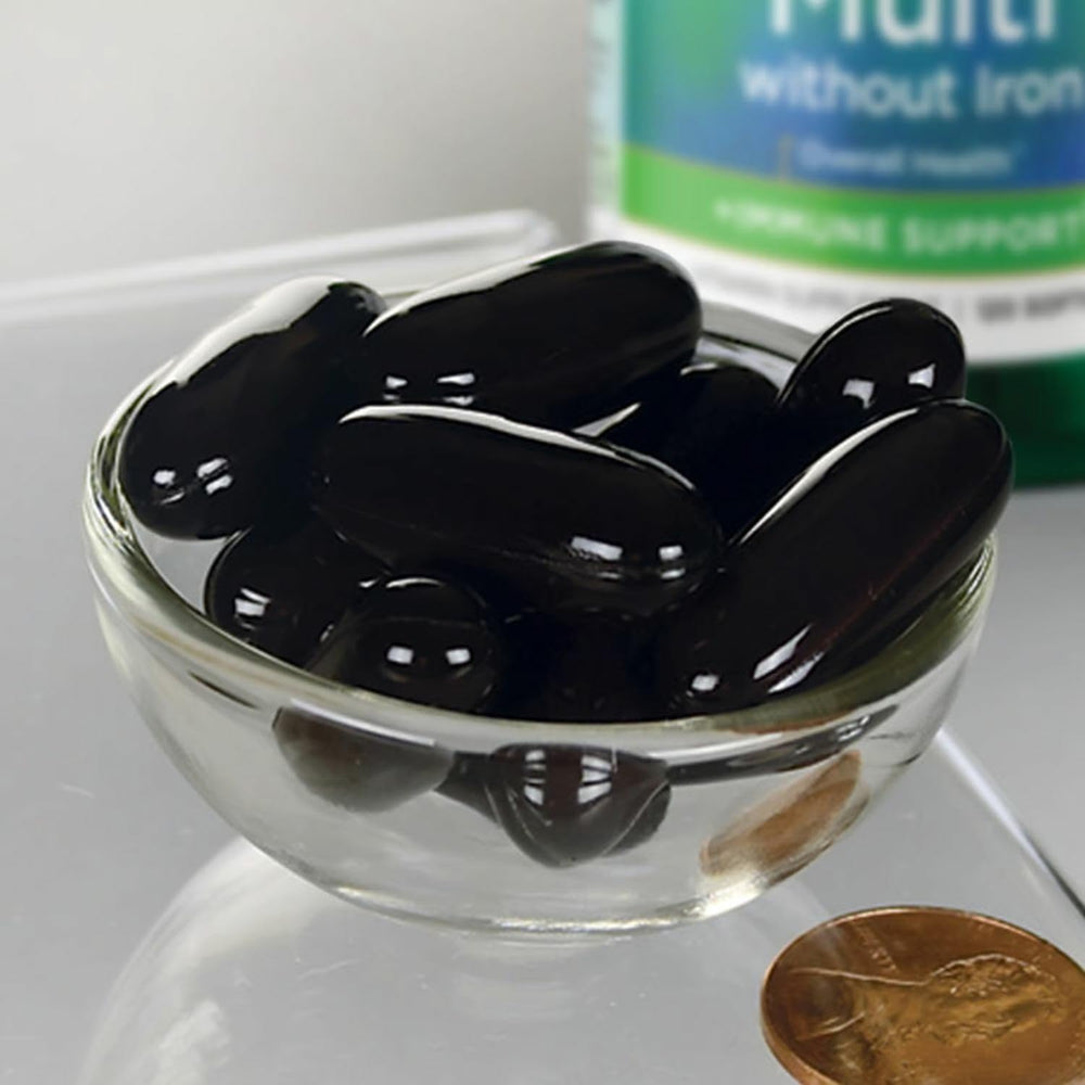 Swanson Multi Without Iron softgels pile shows convenient iron-free capsules