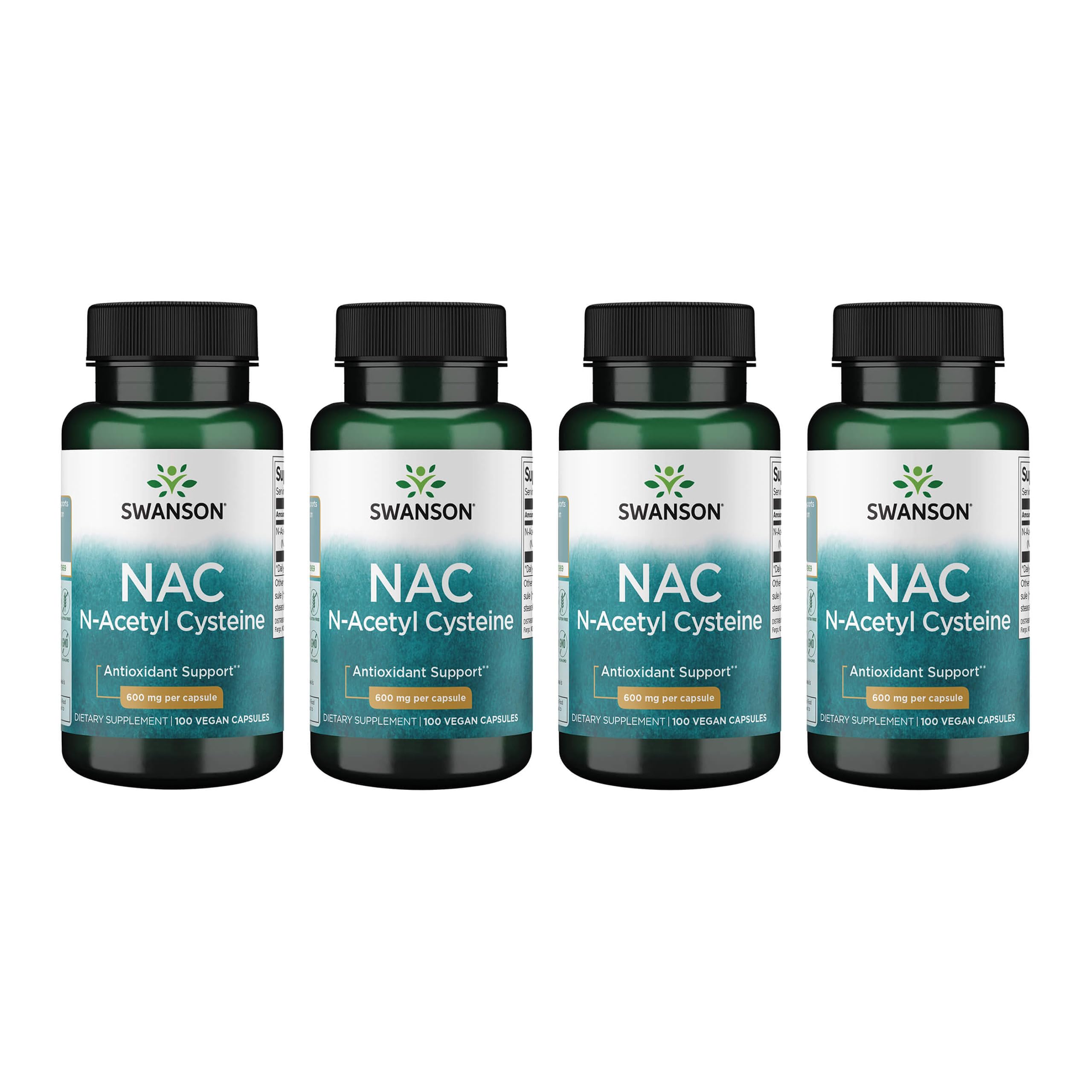 Swanson NAC bottle front with 600 mg capsules for daily support.