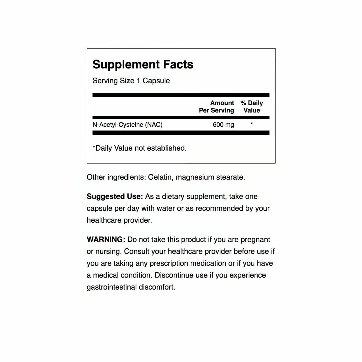Swanson NAC capsules close-up showing 600 mg dosage.
