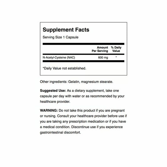 Swanson NAC capsules close-up showing 600 mg dosage.
