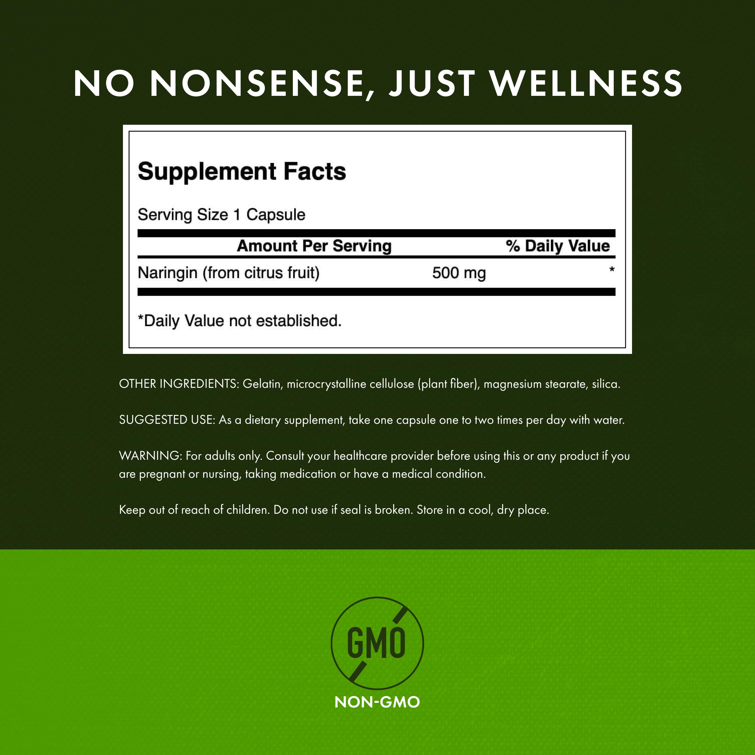 Swanson Naringin ingredients label close-up showing citrus bioflavonoid sourcing and purity.