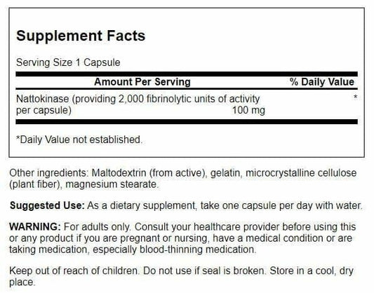 Swanson nattokinase capsules closeup showing 100 mg strength for daily use